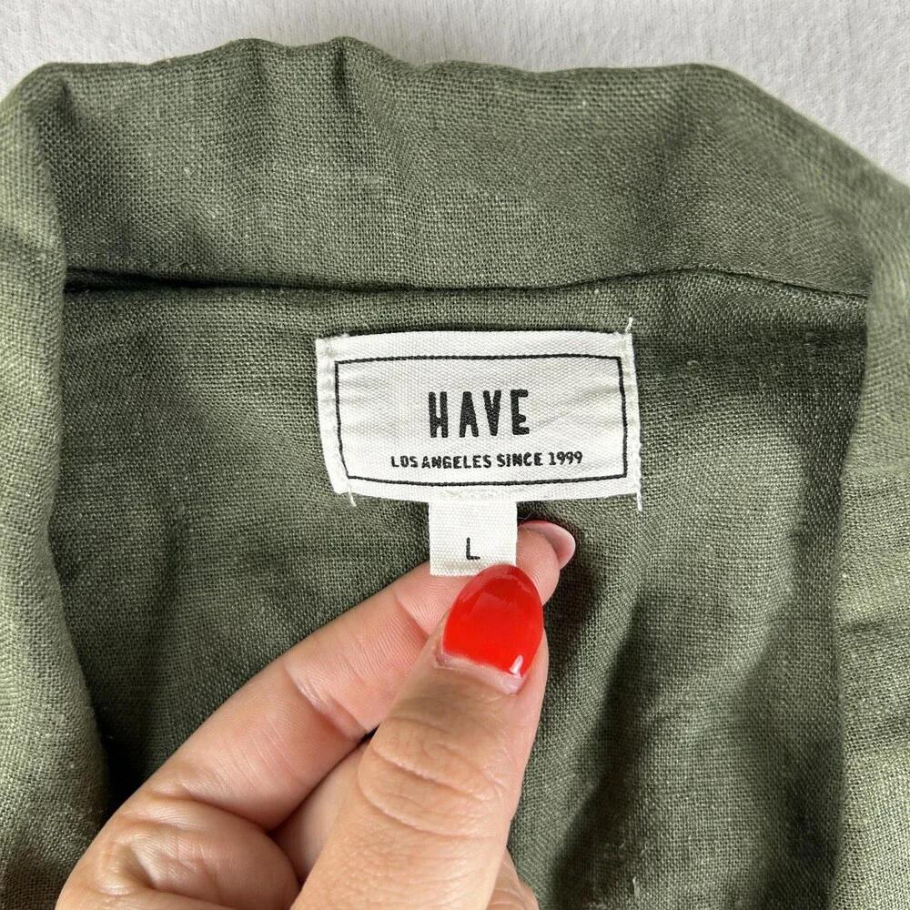 HAVE Jacket Womens Large Green Linen Blend Open Front Roll Tab Sleeves D Ring
